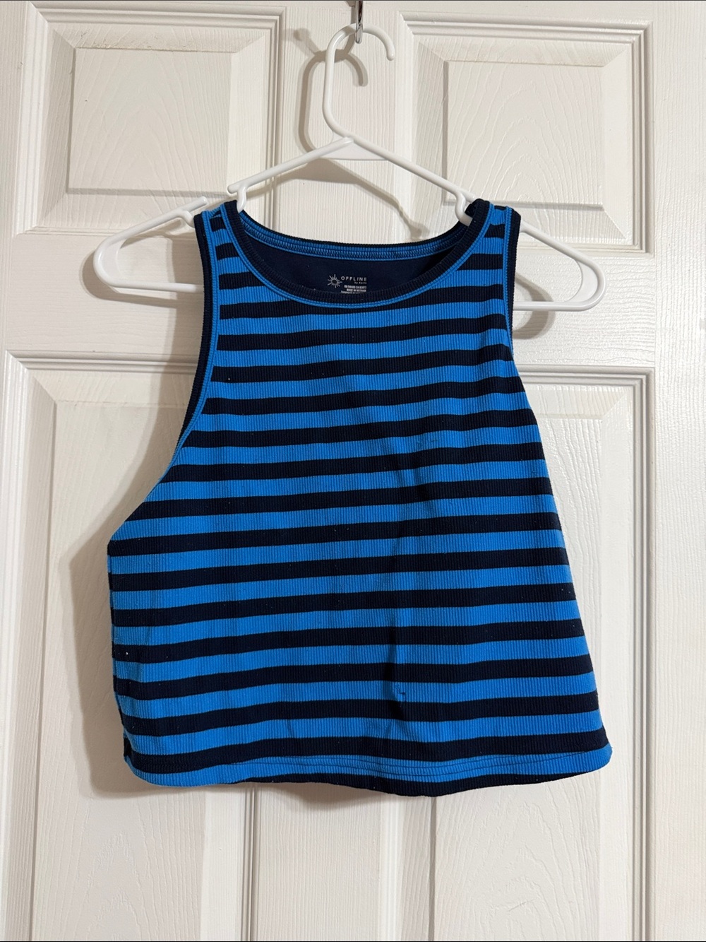 Women’s Blue & Black Striped Ribbed Tank Top with Shelf Bra
